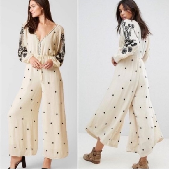 Free People Pants - Free People Floral Embroidered Boho Wide Leg Jumpsuit Medium Bohemian Beach Vaca